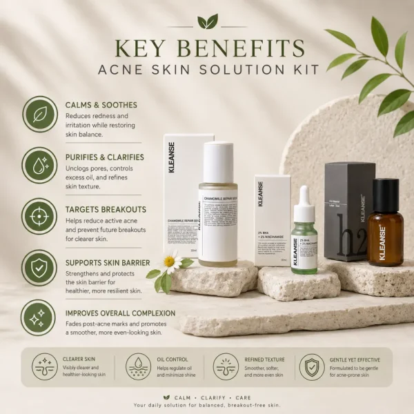KLEANSE Acne Skin Solution Kit To Treat Acne Prone Pimple Skin Repair Soothe Clarify