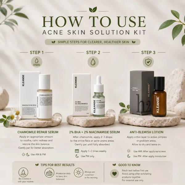 KLEANSE Acne Skin Solution Kit To Treat Acne Prone Pimple Skin Repair Soothe Clarify